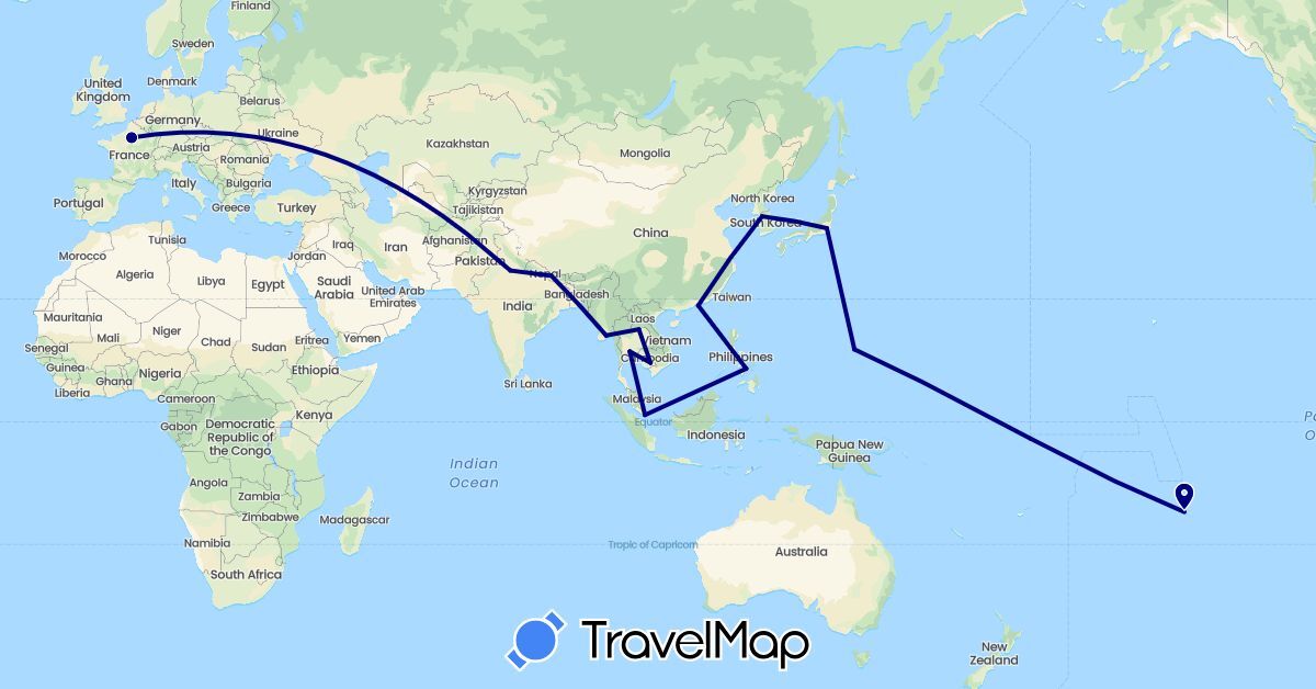 TravelMap itinerary: driving in China, France, India, Japan, Cambodia, South Korea, Laos, Myanmar (Burma), Nepal, Philippines, Singapore, Thailand, United States (Asia, Europe, North America)